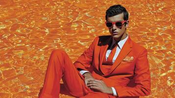 Man in Orange Outfit Relaxing in Bright Orange Water photo