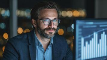 Focused Professional Analyzing Data on Computer at Night photo
