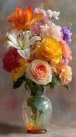 Bright and colorful bouquet of fresh flowers in an elegant vase displayed indoors photo