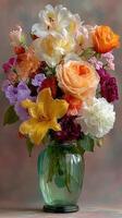 Vibrant floral arrangement featuring roses, lilies, and tropical blooms in decorative vase photo