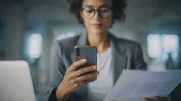 Businessperson Reviewing Documents On Mobile Device photo