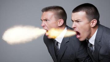 Two Men In Suits Exhaling Flames Against Neutral Background photo