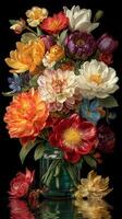 Vibrant floral arrangement in a glass vase showcasing colorful blossoms against a dark background in spring photo