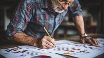 Senior Person Analyzing Colorful Charts And Graphs In Rustic Office photo