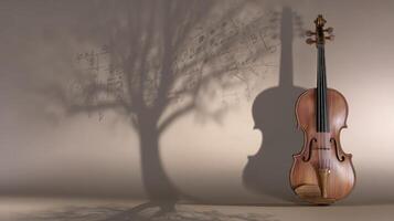 Wooden Violin with Musical Note Tree Shadow on Grey Background photo