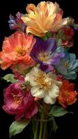 Beautiful bouquet of colorful flowers arranged elegantly in a glass vase on a dark background photo