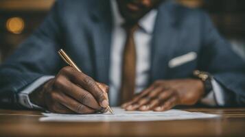 Business Person Signing Documents At Wooden Desk photo