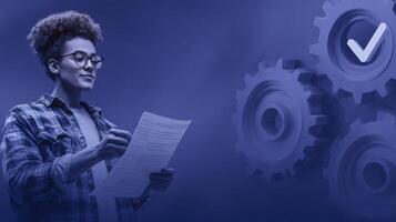 Business Professional Reviewing Documents Amidst Gears Project photo