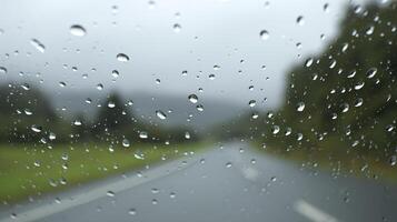 Rain Droplets On Windshield Blurring Road And Green Landscape photo