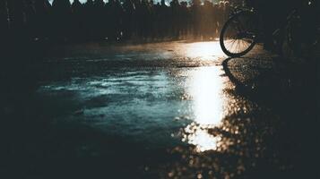 Rainy City Street at Dusk Bicycle Wheel Reflection in Puddle photo