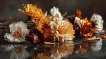 Vibrant dried flowers with rich colors reflecting on a dark surface in a serene arrangement photo