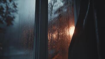 Rainy Night Window View Dark Mood Atmosphere with Warm Light and photo