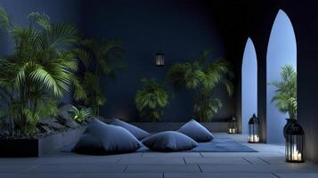 Serene Spa Room Oasis With Lush Greenery And Calming Blue Accents photo