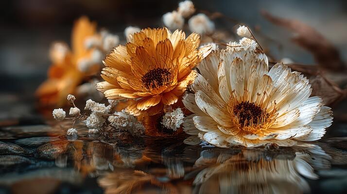 Flowers floating on water surface in serene natural setting during early morning light
