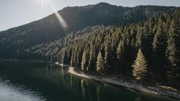 Serene Sunrise Over Tranquil Lake And Mountainous Pine Forest photo