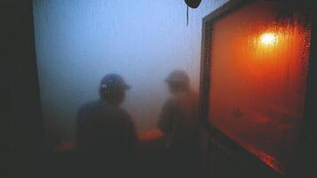 two men stand in the fog at night photo