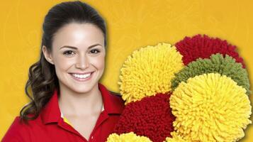 Smiling Person Holding Colorful Cleaning Dusters Against Yellow photo