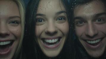 Smiling Friends at a Rainy Window Close up Portrait photo