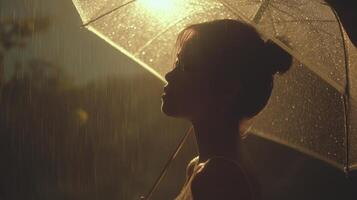Young Woman Silhouette In Golden Hour Rain, Transparent Umbrella photo