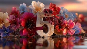 Colorful floral display with number five surrounded by vibrant blossoms at sunset photo