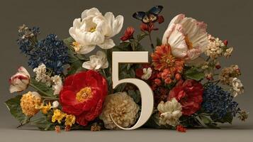 Colorful floral arrangement featuring number five among various blossoms in a creative display photo