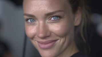 Close Up Portrait Of A Young Woman With Blue Eyes And Perspiration photo