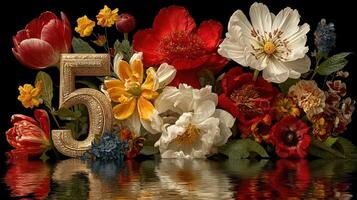 Colorful floral arrangement with number five reflecting in water for special occasion celebration photo