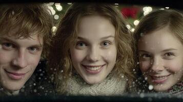 Smiling Friends Huddle Together on a Snowy Winter Evening photo