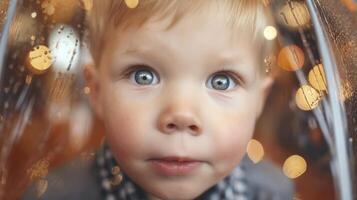 Close Up Portrait Of A Child With Fair Skin And Light Hair Behind A photo