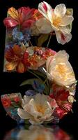 Floral arrangement forms the number five in vibrant colors against a dark background photo
