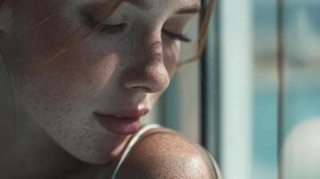 Close Up Portrait of a Young Woman with Freckles and Glowing Skin photo