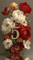 Vibrant floral arrangement celebrating milestone with large gold number fifty displayed among colorful peonies and poppies photo