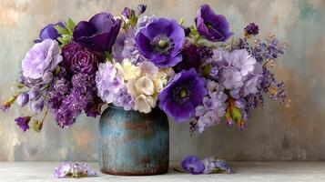 Colorful floral arrangement in a rustic vase featuring purple and white blooms on a textured background photo