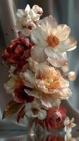 Beautiful floral arrangement featuring various blooms in a glass vase with soft lighting photo