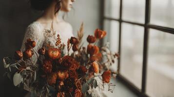 Elegant Bride with Autumn Bouquet near Window photo