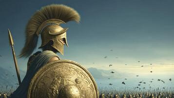 Formidable Warrior In White Tunic Overlooking Battlefield photo
