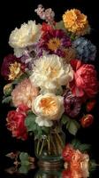 Vibrant bouquet of peonies, hydrangeas, and roses in glass vase against dark background photo