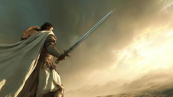 Formidable Warrior in White Robe Holding Sword at Sunset photo