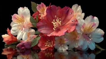Vibrant arrangement of colorful flowers with petals glistening in soft light captured beautifully on a dark background photo