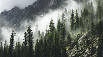 Misty Mountain Forest Landscape With Green Pine Trees photo