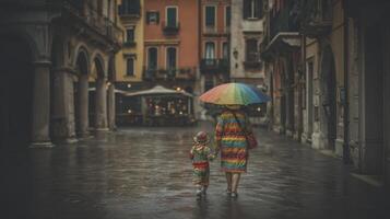 Mother And Child Walking In Rain, Colorful Umbrellas, European City photo
