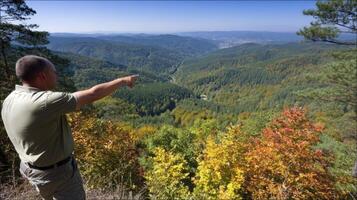Person Gesturing Towards Autumn Landscape photo