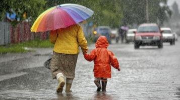 Mother and Child Walking in Rain Under Colorful Umbrella photo