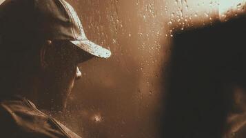 Person Viewed Through Rain Streaked Window at Night photo