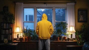 Person in Yellow Raincoat Gazes at Night Snowfall Through Window photo