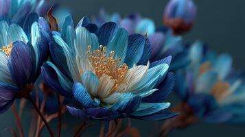 Colorful artificial flowers in blue and white hues arranged artistically on a dark background photo