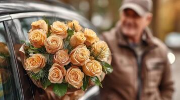 Beautiful bouquet of yellow roses placed on a car window near a smiling elderly man during a sunny day in a park setting photo