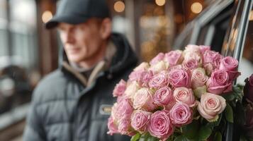 Man holding a beautiful bouquet of pink and white roses while standing near a car in a stylish urban setting photo