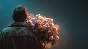 Person holds large bouquet of colorful flowers in a dimly lit setting with soft bokeh lights in the background photo