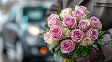 Beautiful bouquet of pink and white roses held by a person on a city street during a chilly afternoon near a parked car photo